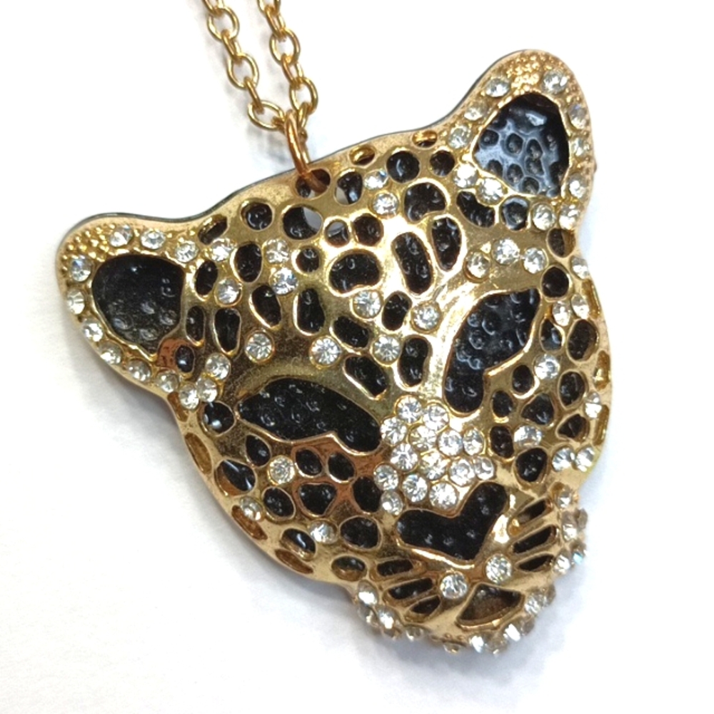 Leopard Rhinestone Pendant Statement Gold Black Necklace